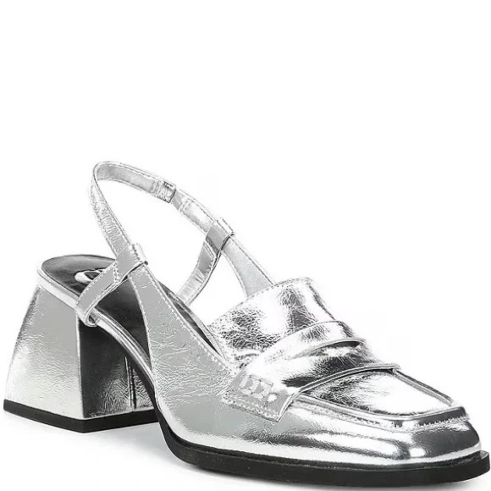 NWT GB Work-Wife Square Toe Crinkle Metallic Slingback Heeled Loafers Size 8.5